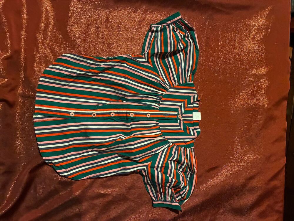 Stem Blouse Womens 2 Striped Puff Sleeve Button Front Multicolor Gathered Yoke